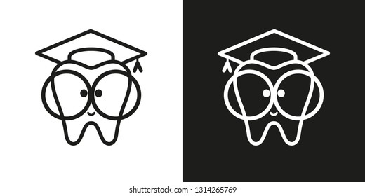 icon tooth with big glasses. Trowel, square academic cap, graduation hat. Vector illustration