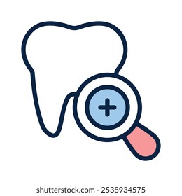 Ícone de um dente com uma lupa, simbolizando a inspeção de saúde dentária