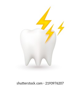 Ícono diente y trueno amarillo. Para clínicas dentales infantiles, higiene dental. Concepto de dientes sensibles. Aislado sobre fondo blanco. Ilustración EPS10 del vector 3D. 