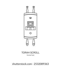 Ikone der Torah Scroll mit dekorativem Bezug. Juden tanzen mit ihm während des jüdischen Feiertages von Simchat Torah. Linienstil-Vektor in schwarz auf weiß für Logo, Banner, Flyer, Aufkleber, Poster und Dekoration