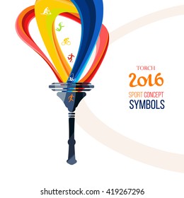 Icon torch. Torch fire of interwoven multi-colored waves, stylized flames, championship icon, a symbol of victory. Isolated vector illustration.Torch flame with sports background. sign 2016 year.