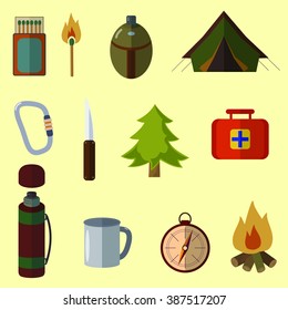 icon tourist set. vector. colorful. hiking. hunting. climbing