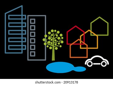 Icon town (vector). Sintetic illustration of town and city