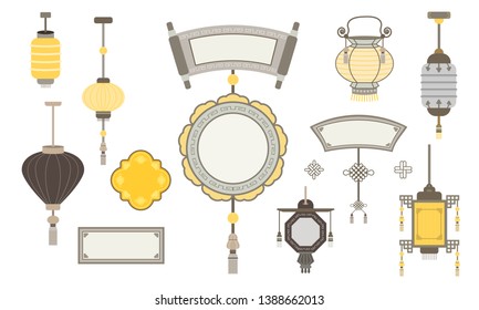 icon Traditional Chinese lanterns and label on white background. Chinese and chinatown festival papers lanterns vector illustrations. Holiday chinese elements, china asian lamp.