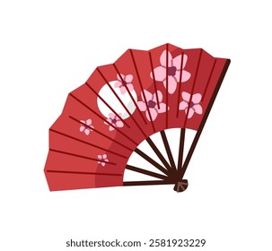 Icon of traditional Japanese folding paper hand fan. National Chinese element with print of sakura. Asian attribute. Interior decor in style of Asia culture. Flat isolated vector illustration on white