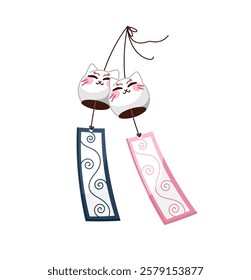 Icon of traditional Japanese wind chimes or bells with paper and shape of cat. Cute Japponese accessory, asian attribute, souvenir from Japan. Flat isolated vector illustration on white background