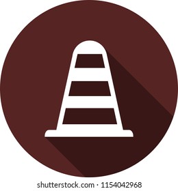 Icon is a traffic cone. White flat image with long shadow