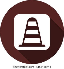 Icon is a traffic cone. White flat image on white square with long shadow