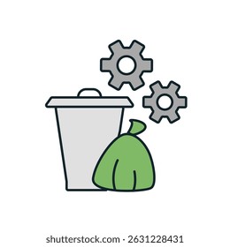 Icon of a trash bin with recycling bag and gears representing a smart city waste management system