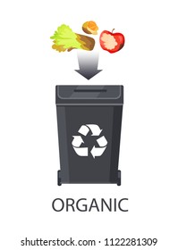 Icon of trash box for organic waste color banner isolated on white backdrop vector illustration, dark arrow and food refuse, fruits and vegetables set
