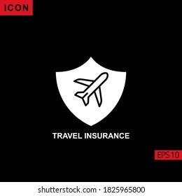 icon travel insurance with airplane and shield on black background. Illustration flat or glyph icon for graphic, print media interfaces and web design.