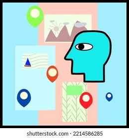 Icon travel maps destination vector. Face travel cataloger Travel maps scenery of mountain seas trees. travel holiday season. Location icons. Image seo ranking