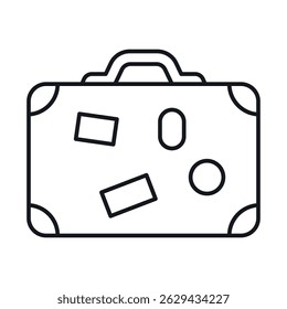 An icon of a travel suitcase decorated with stickers symbolizing travel and exploration. This simple design embodies the excitement of planning adventures and travel.