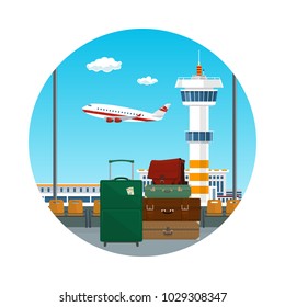 Icon of Traveler's Luggage at the Airport, View through the Window at the Runway with Airplanes and Control Tower, Travel and Tourism Concept, Vector Illustration