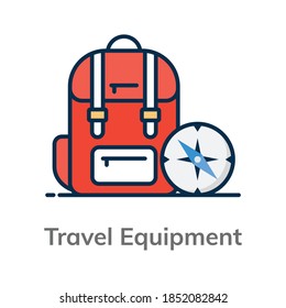 Icon of travelling rucksack with compass, travel equipment in flat style 