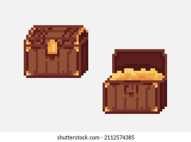 Icon of treasure chest fulfilling of gold in opened and closed variations. Illustration in pixel art style