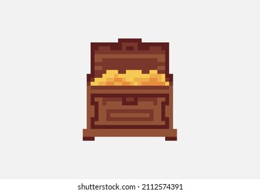 Icon of treasure chest fulfilling of gold in pixel art style