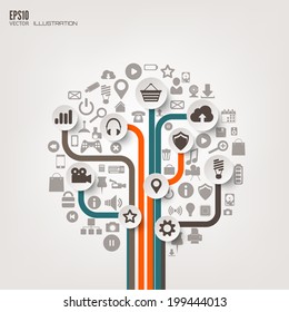 Icon tree. Flat abstract background with web icons. Interface symbols. Cloud computing. Mobile devices.Business concept.