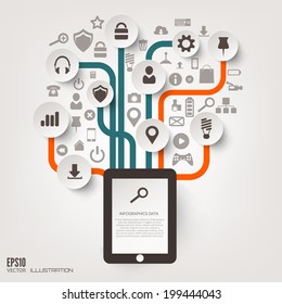 Icon tree. Flat abstract background with web icons. Interface symbols. Cloud computing. Mobile devices.Business concept.