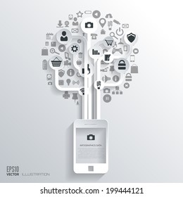 Icon tree. Flat abstract background with web icons. Interface symbols. Cloud computing. Mobile devices.Business concept.