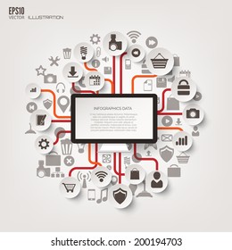 Icon tree. Flat abstract background with web icons. Interface symbols. Cloud computing. Mobile devices.Business concept.
