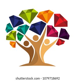 icon of tree illustration with the concept of unity of people reaching gems, diamonds