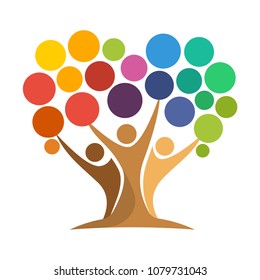 icon of tree illustration with the concept of unity of people reaching the colorful dot