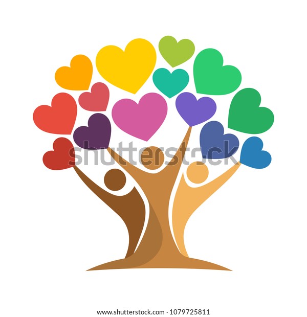人々が愛に達するという結束のコンセプトを持つ木のイラストのアイコン 心のシンボル のベクター画像素材 ロイヤリティフリー