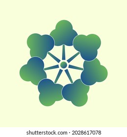 The icon of trees arranged in a circle in green-blue colors with a gradient. A symbol of ecology, friendship, organization, and family