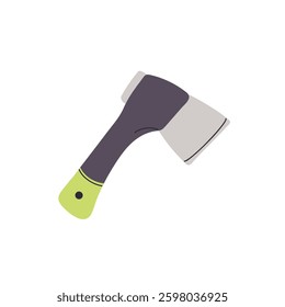 Icon of trekking axe. Modern hiking ax with plastic handle. Hatchet with sharp steel blade to chop down woods. Lumberjack hand tool for building. Flat isolated vector illustration on white background