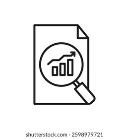 icon trend data analysis. Document with a magnifying glass over a bar graph, ideal for business analysis, market research, financial report concepts in presentations.