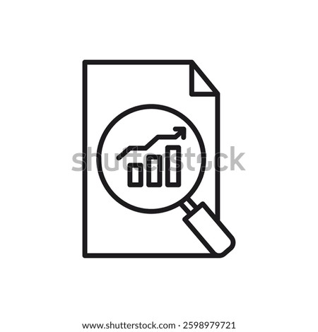 icon trend data analysis. Document with a magnifying glass over a bar graph, ideal for business analysis, market research, financial report concepts in presentations.