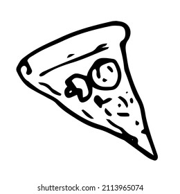 the icon of a triangular slice of pizza. a drawing of a slice of pizza with mushrooms, hand-drawn in the style of a doodle with a black isolated outline, is often placed on white for a design template