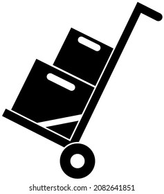 Icon trolley on wheels with boxes, black silhouette. Highlighted on a white background. Vector illustration. A series of business icons.
