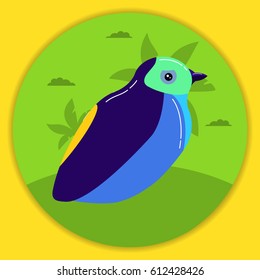 Icon with tropical exotic with a bird against the background of palm trees. In flat style a vector.A design concept for the websites of protection of animals or shops.Cartoon character