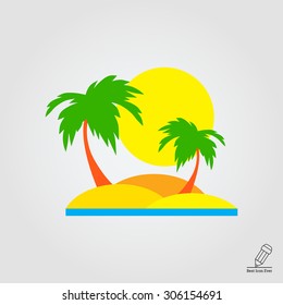 Icon of tropical island with sun and palm trees 