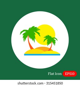 Icon of tropical island with sun and palm trees 
