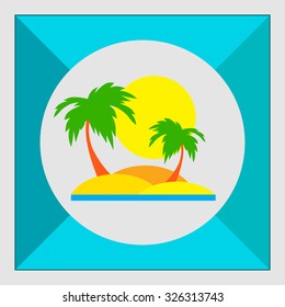 Icon of tropical island with sun and palm trees 