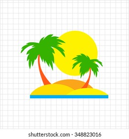 Icon of tropical island with sun and palm trees 