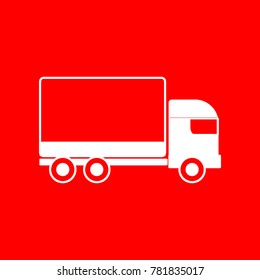 Icon truck. Vector. White icon on red background. Isolate.