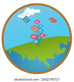 Icon and t-shirt print design with beautiful butterflies flying or sitting on multicolored flowers on the background of the Earth map. Vector illustration.
