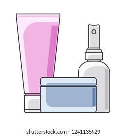 Icon tube, cans and bottle. Multi-colored execution. Jar in the foreground. Isolated vector on white background