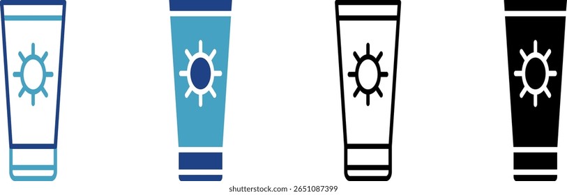 O ícone de um tubo de creme ou loção com um símbolo de sol na frente representa um protetor solar que protege contra a luz solar ou raios UV.