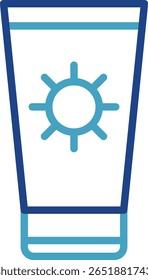 O ícone de um tubo de creme ou loção com um símbolo de sol na frente representa um protetor solar que protege contra a luz solar ou raios UV.