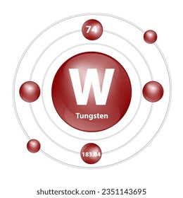 Icon Tungsten (W) structure chemical element round shape circle dark brown with surround ring. 3D Illustration vector. Period number shows of energy levels of electron. Study science for education.
