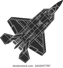Ícone do avião de combate turco TAI Kaan vista superior, Ícone TAI Kaan isolado em preto.