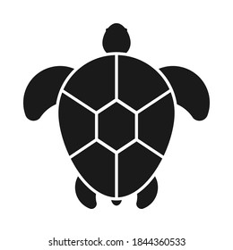 Icon turtle of black. Silhouette of tortoise symbol. Logo animal aquatic. Top view shell of reptile isolated on white. Monochrome graphic style. Flat design. Fresh-water and sea. Vector illustration.