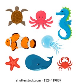 Icon of turtle, octopus, seahorse, clownfish, starfish, crab, jellyfish, whale. Set of marine animals isolated on white background, illustration.