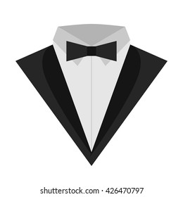 Icon tuxedo flat. Icon classical tuxedo with a butterfly. Business suites for man. Men formal suit icon on a white background