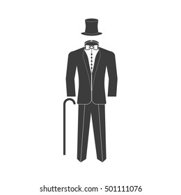 Icon tuxedo , hat, cane, white tie butterfly is insulated on white background. stylish vector illustration.